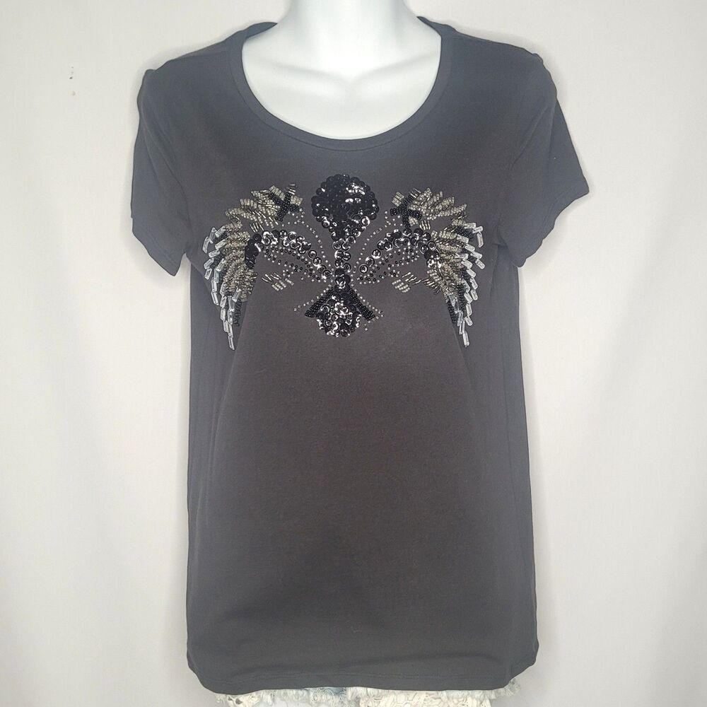 NWT Buffalo Black Rhinestone Beaded Wing Crest Tee S